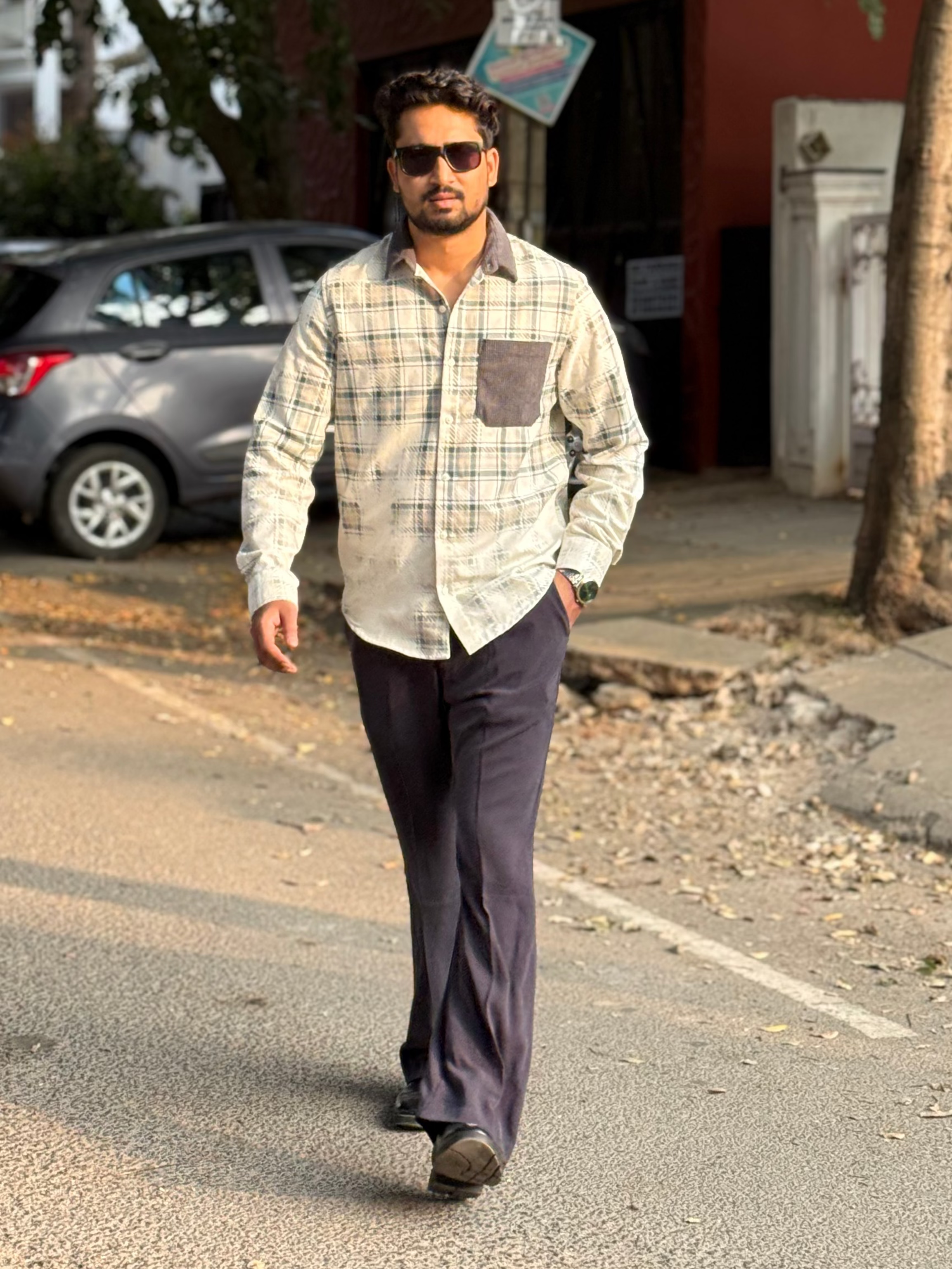 Corduroy Pale blue Collar Stone Blast Checks