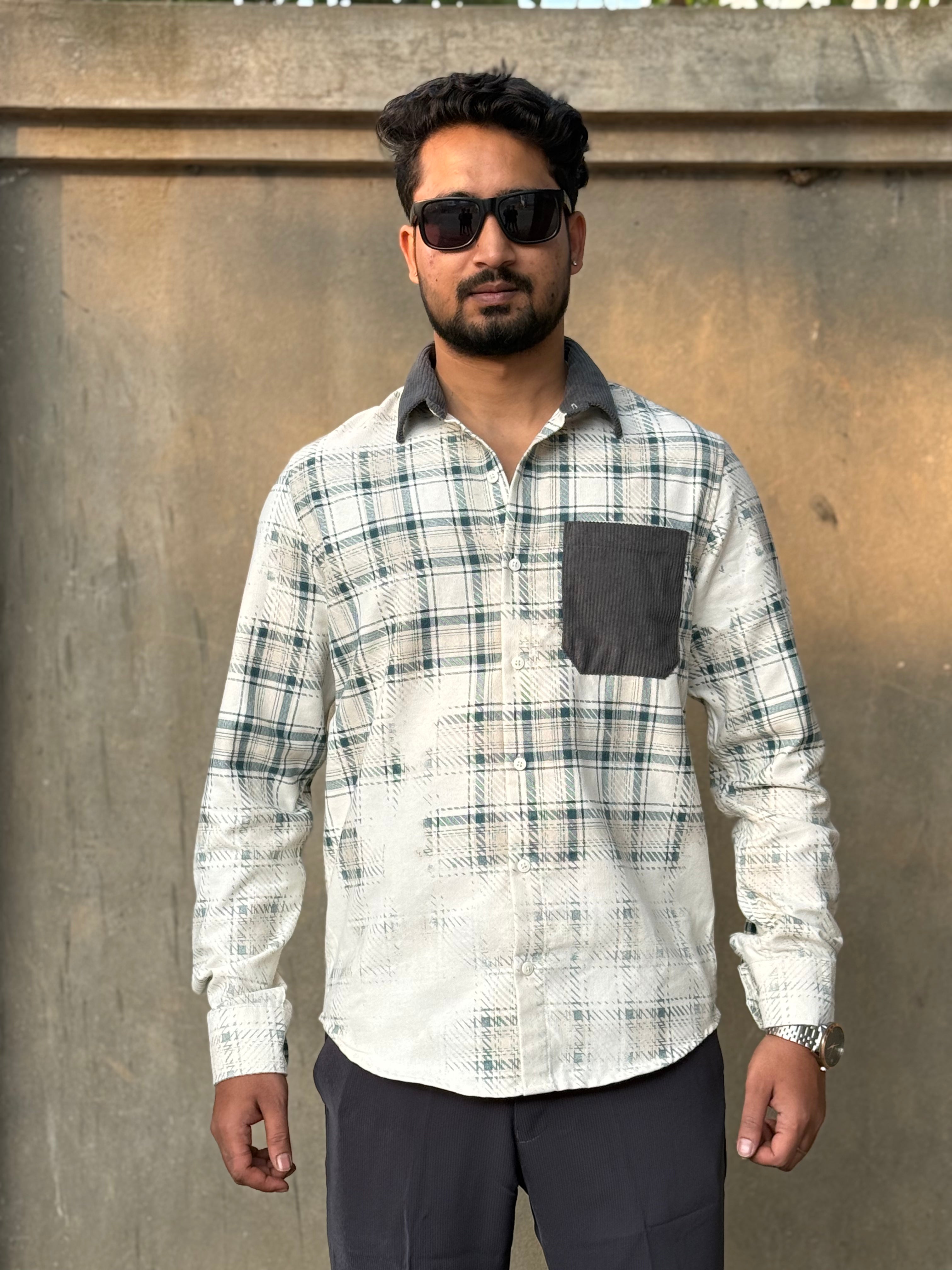 Corduroy Pale blue Collar Stone Blast Checks