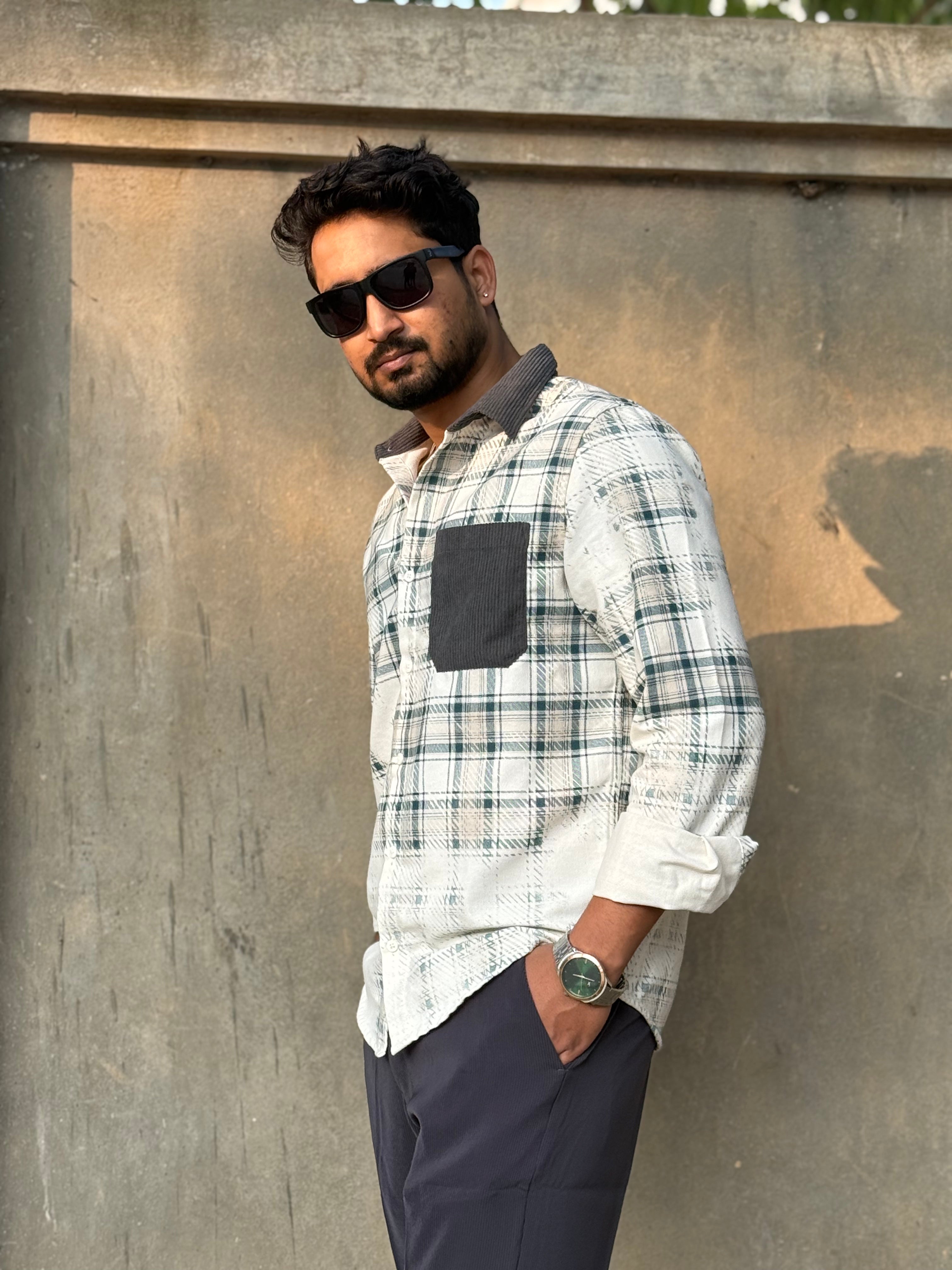 Corduroy Pale blue Collar Stone Blast Checks