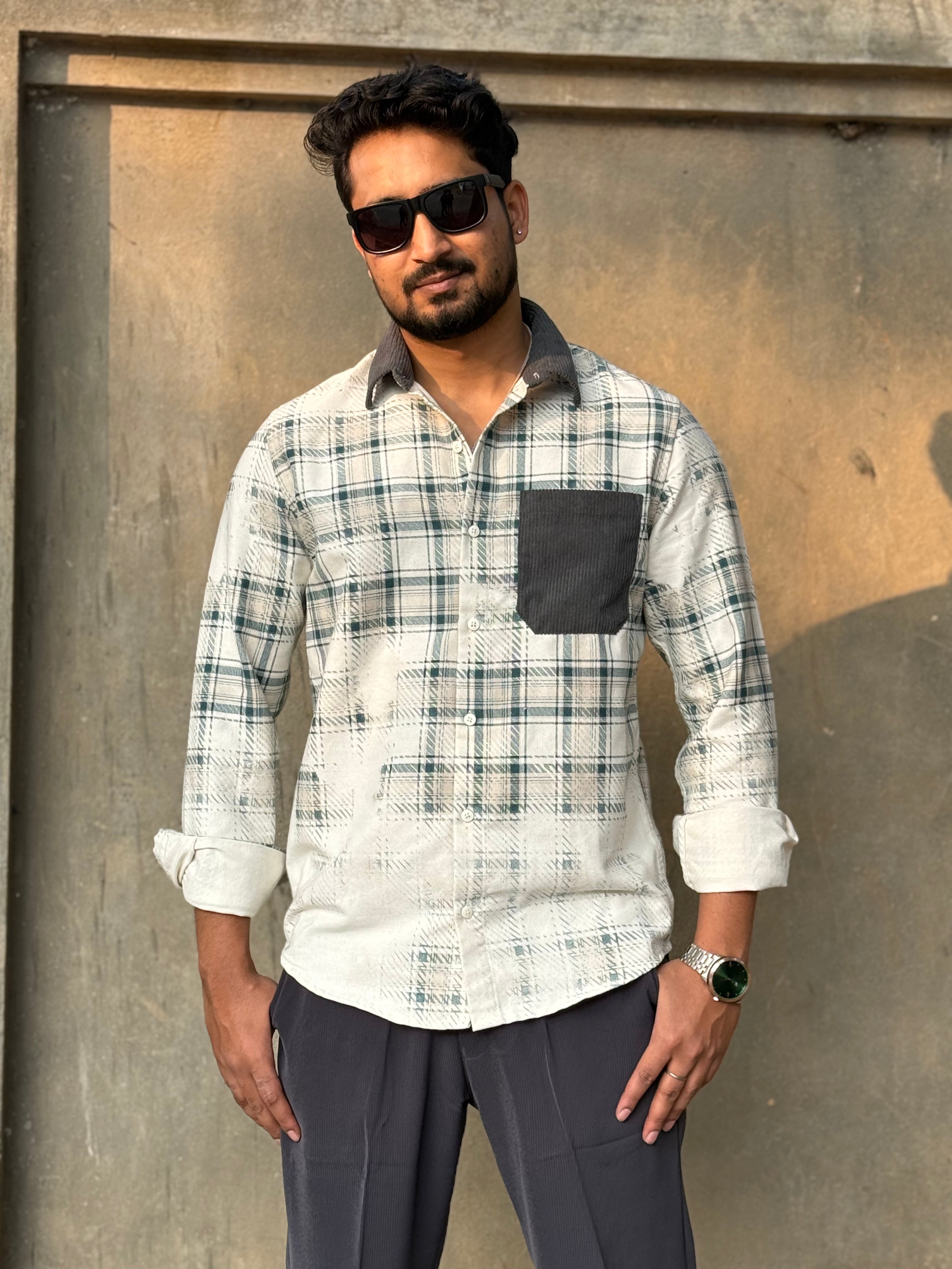 Corduroy Pale blue Collar Stone Blast Checks