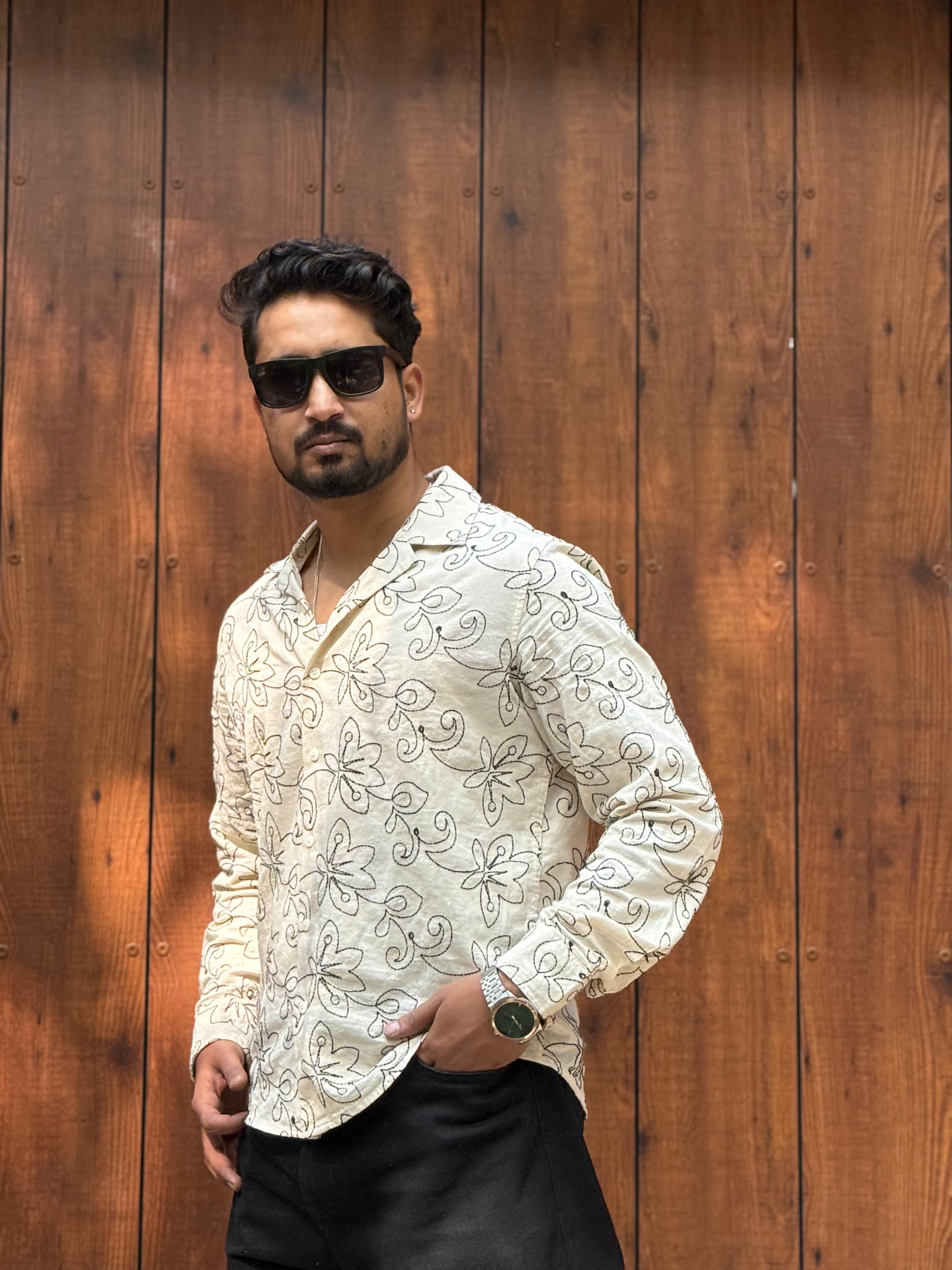 Linen Black Pattern floral Embroidery