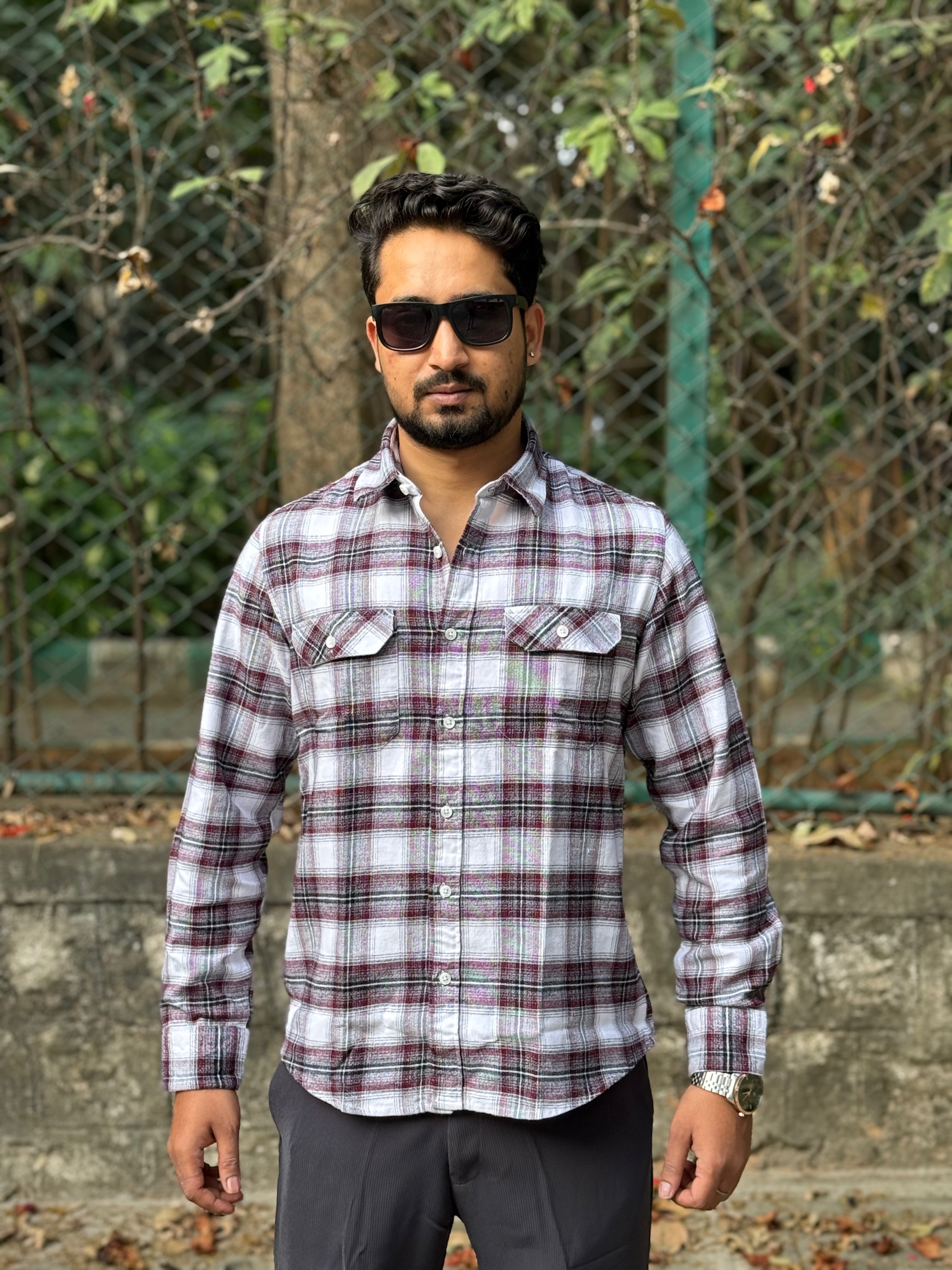 Red & White Classic Double Pocket Brushed Checks