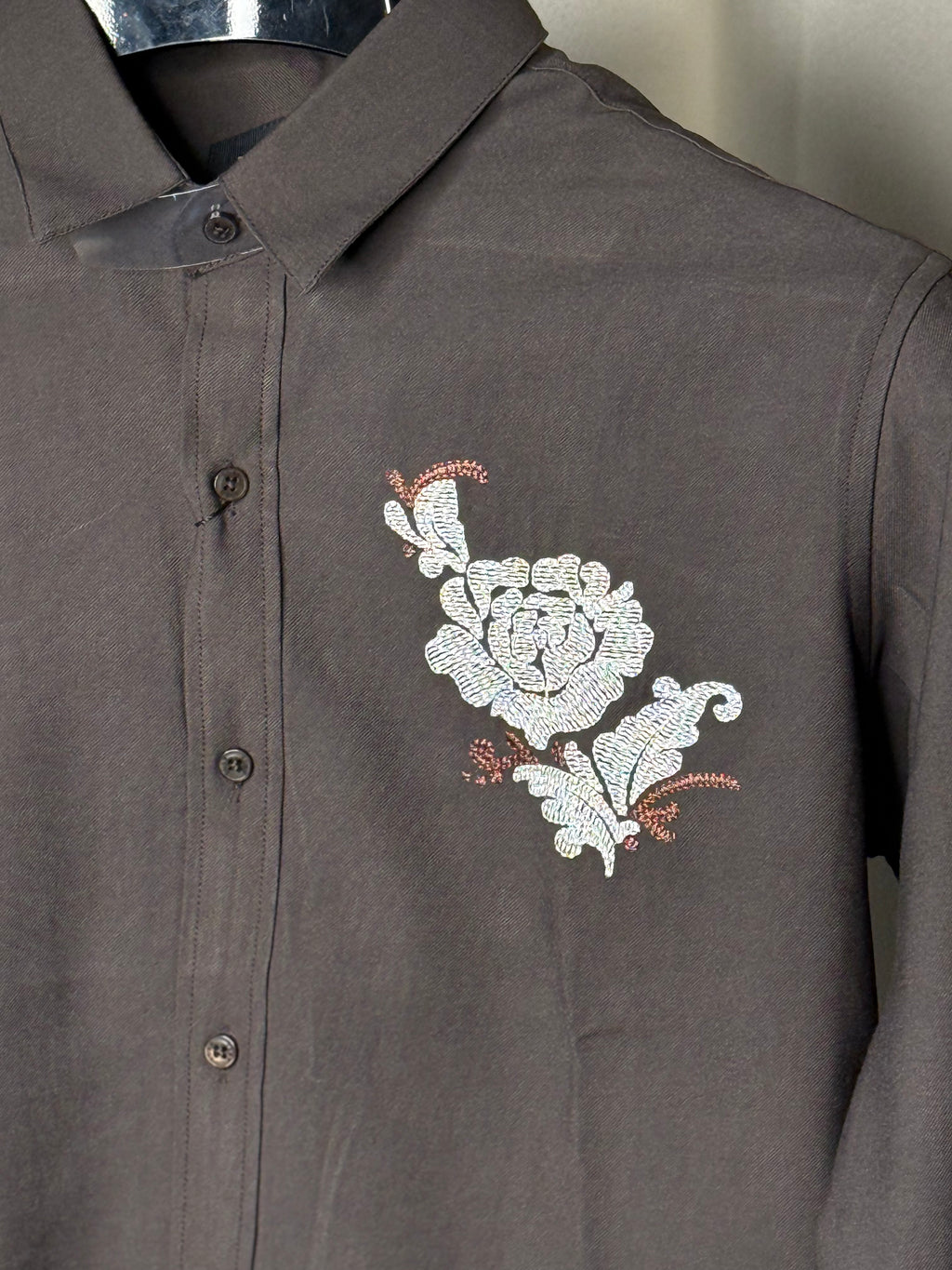 grey Cuban collar shirt with an embroidered floral print