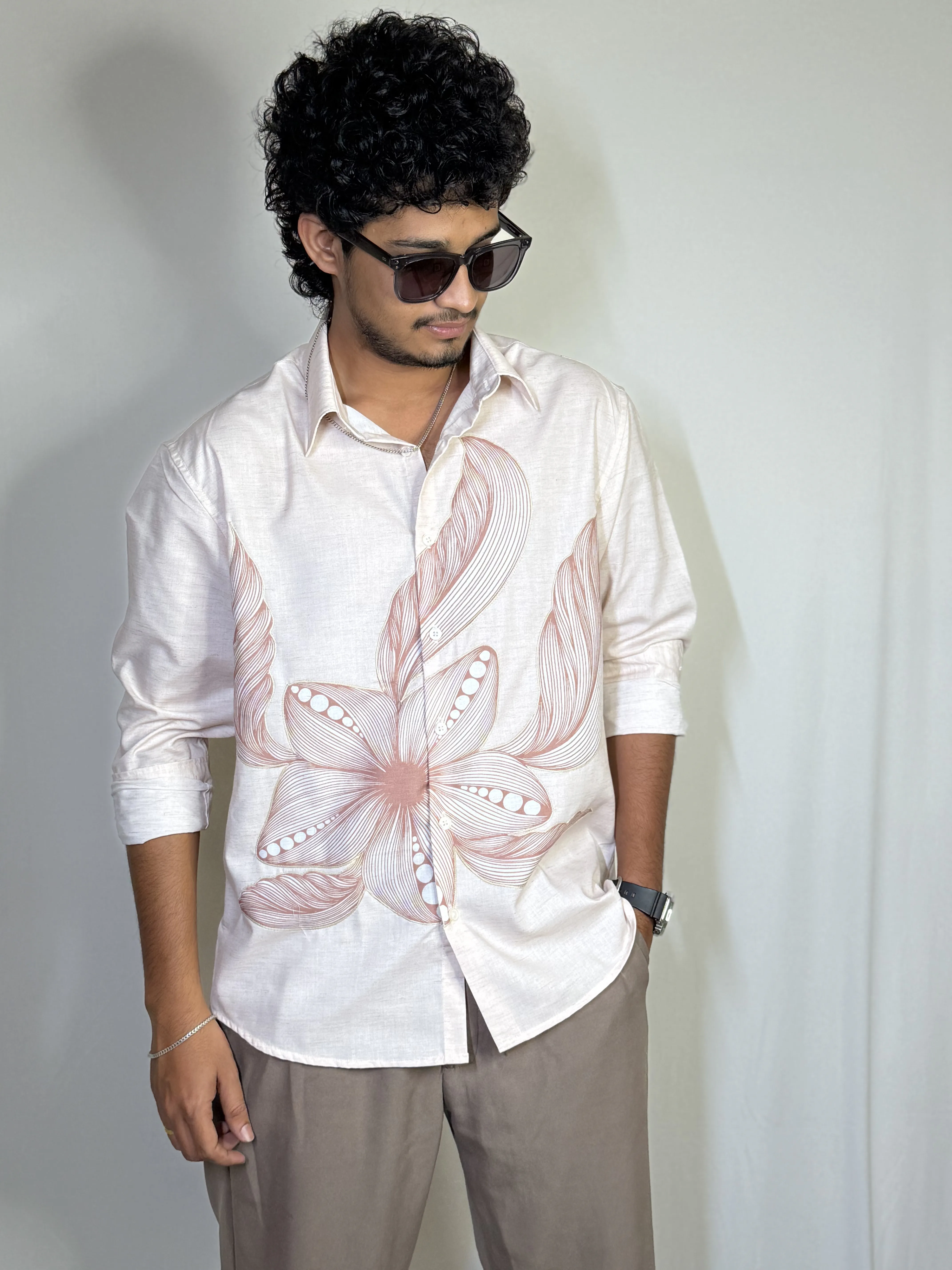 Peach bloom floral linen blend shirt
