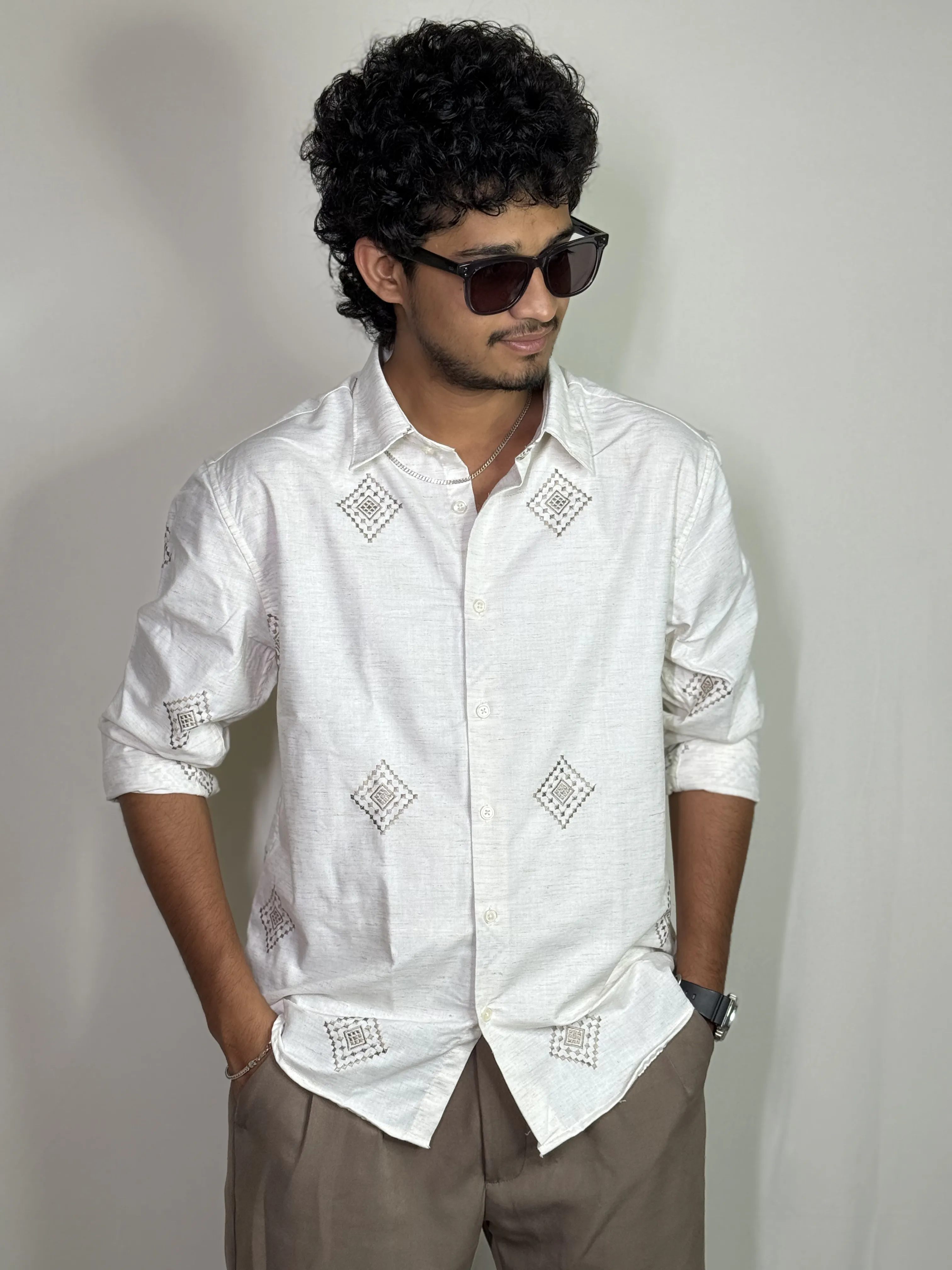 Sand Grid Linen Blend Shirt